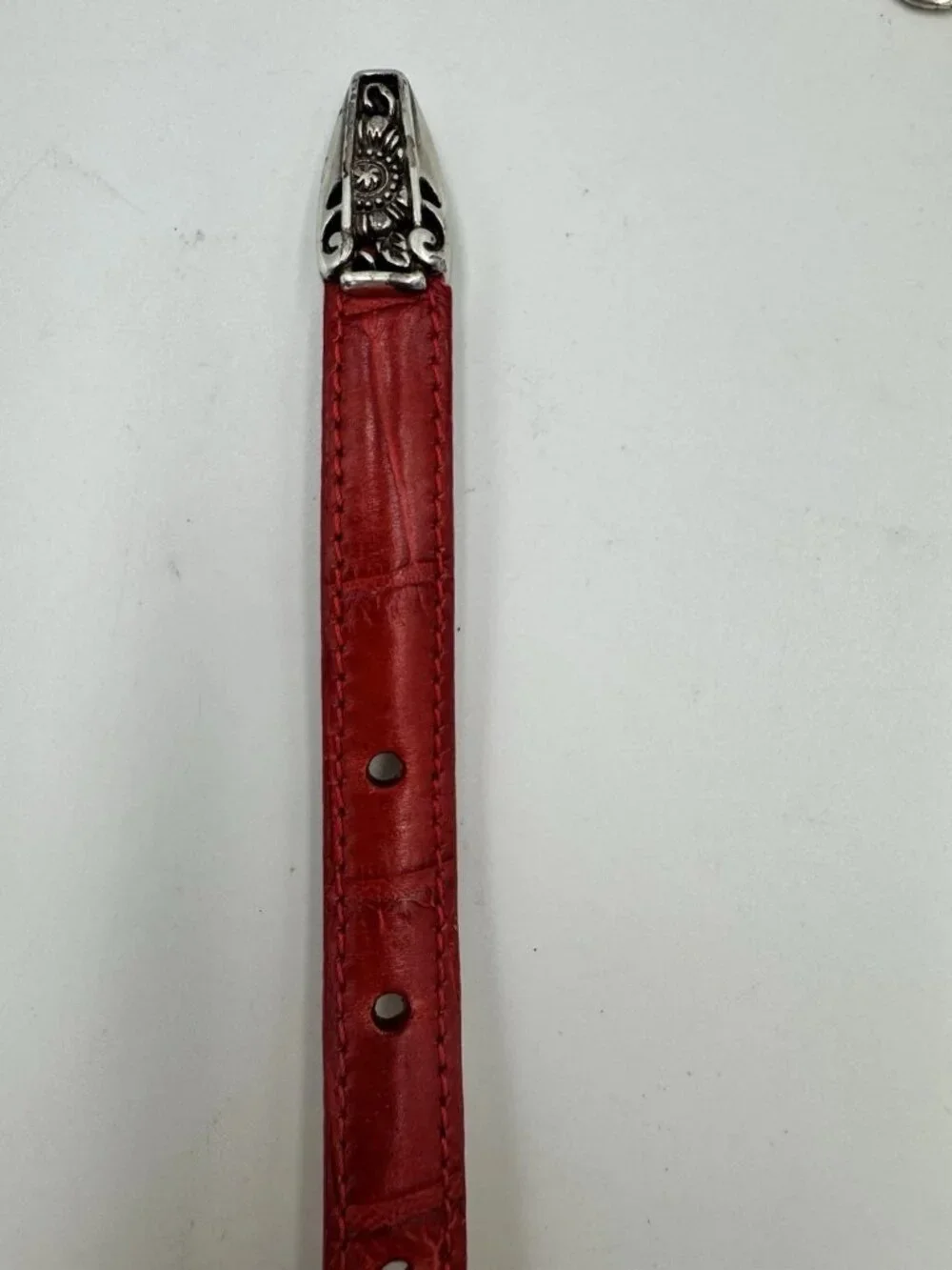 Brighton Silver Floral Buckle Red Croc Skinny Belt Sz L/34
